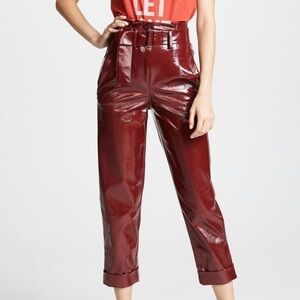 Nicholas Synthetic Crinkle Belted Cropped PVC Trouser Pants in Burgundy Red